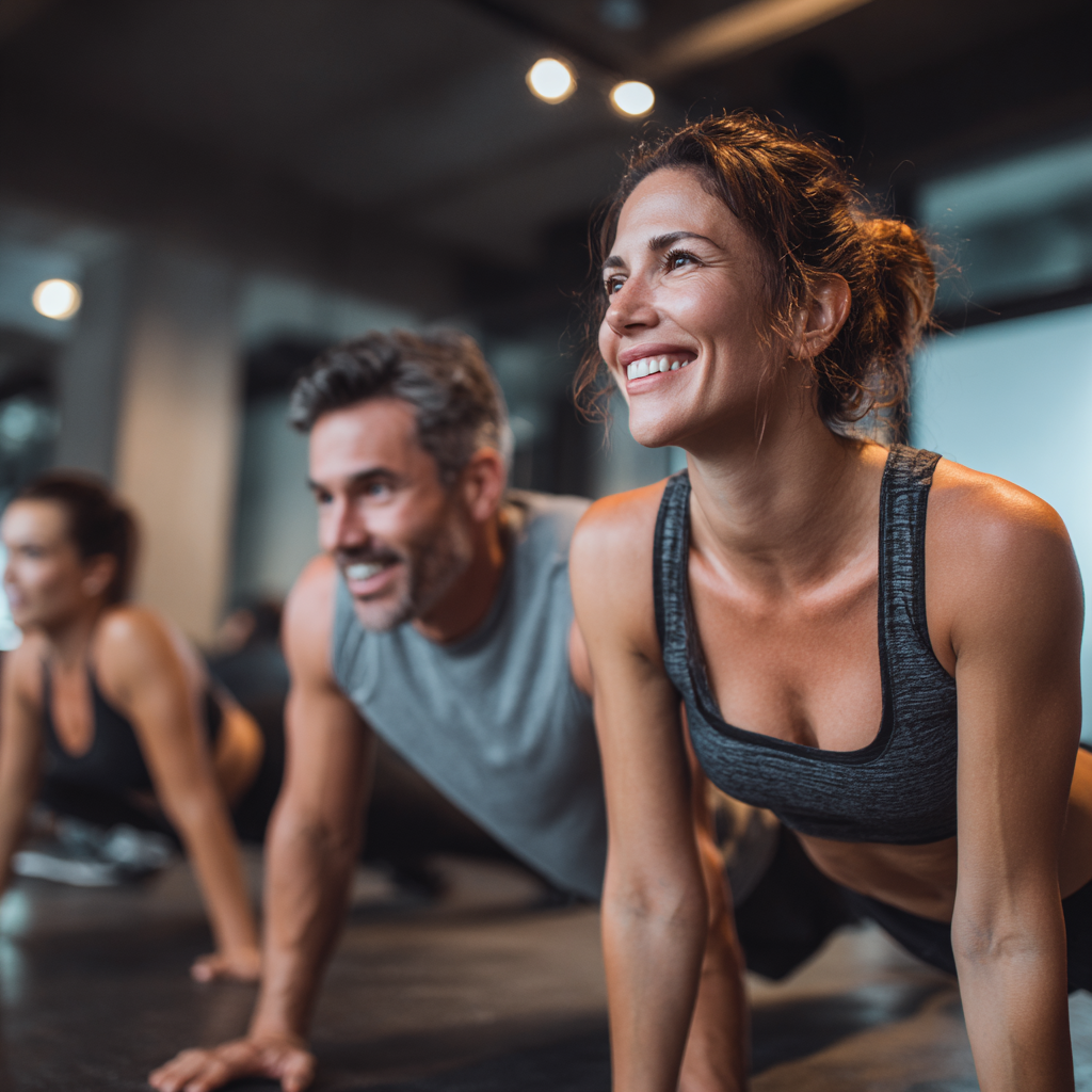 Happy Romanian adults of various ages exercising together in a modern fitness environment